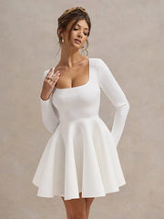 Lunivop Sexy Square Collar A-line Women Dress White Long Sleeve Evening Dress Female Winter Slim Elegant Party Clubwear Vestidos
