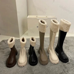 Lunivop Winter Knee High Brown Long Boots Comfort Square Heel Slip on Platform Boots for Women Plush Thick Heel Warm Gothic Shoes