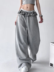 Lunivop Chic Bright Silk Patchwork Sweatpants Women Loose Streetwear High Waist Casual Pant Fashion Pockets Fall American Gray Trousers