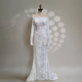 Lunivop Elegant Wedding Dress Boat Neck Long Sleeves Lace Applique Mermaid Long Wedding Gown for Women Formal Bridal Dresses