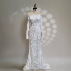 Lunivop Elegant Wedding Dress Boat Neck Long Sleeves Lace Applique Mermaid Long Wedding Gown for Women Formal Bridal Dresses