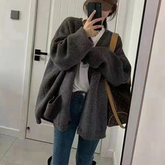 Lunivop Slouchy Knit Cardigan Sweater for Women Long Sleeve V-neck Comfy Button Up Sweater Jacket Female Autumn Winter Casual Outfit