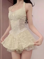 Lunivop Fashion Sweet Ruffles Long Sleeve Cardigan Tops+ Y2k Slim Waist Lace Halter Vest Dress for Women Summer New Two Piece Sets