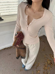 Lunivop Harajuku Striped Causal Simple T-shirt Women Y2k Aesthetic Single Breasted Grunge Tees Streetwear Bodycon Autumn Fairy Tshirts