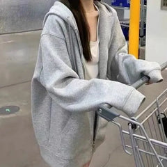 Lunivop Women Hoodies Autumn Retro Solid Color Zip Up Oversized Sweatshirts Harajuku Long Sleeve Hooded Jackets Coat DF4963