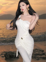 Lunivop Fashion Women Sleeve Sexy Backless Long Dresses Summer Party Evening Slim Vestidos Fitting Sloping Shoulder Bodycon Dress