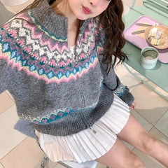 Lunivop Women Fair Isle Sweater Cardigan Cute Pink Cozy Chunky Knit Collared Zip-up Sweater Jacket Teen-girl Fall Winter 90s Outfit
