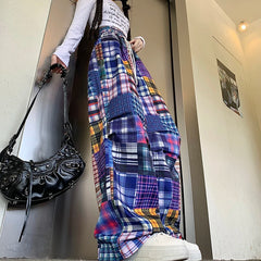 Lunivop American Retro Colorful Patchwork Plaid Wide Leg Pants Fashionable Street Casual Sweatpants Harajuku Style Y2k Hot Girl Trousers