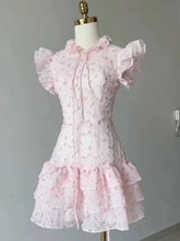 Lunivop Sweet Floral Flying Sleeve Chiffon Dress for Women Summer Slim Waist Cake Dresses New O-neck Bow Lace Up Vestidos De Mujer