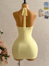 Lunivop Women's Sexy Deep V-Neck Halter Tie Ruched Mini Dress Yellow Beach Vacation Party Dress