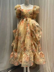 Lunivop New Print Women Floor-Length Dress French Niche Design Floral Tail Square Neck Bubble Sleeve Dresses Female