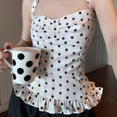Lunivop Y2k Fairycore Ruffles Hem Backless Vest Polka Dot/Plaid Pattern Halter Crop Tops Summer Holiday Sleeveless Slim Fit Camis Tops