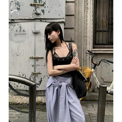 Lunivop Autumn New Fashion Blue Stripe High Elastic Waist Removable Decoration Pants New Loose Trousers Women Fashion Y2K Tide