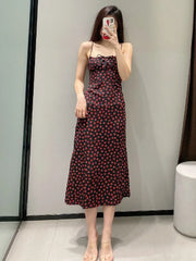 Lunivop Sexy Women Bow Lacing up Slash Collar Back Elastic Ruched Long Robe Retro French style Summer Rose Flower Print Midi Sling Dress