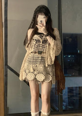 Lunivop Crochet Tunic Top Boho Women Summer Beach Wear Lantern Sleeve Tassel V-Neck Open Knit Top