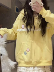 Lunivop Women Cute Cartoon Hoodies Vintage Lace Patchwork Loose Sweet Sweatshirts Fall Preppy Style Japan Pockets Lady Kawaii Tops