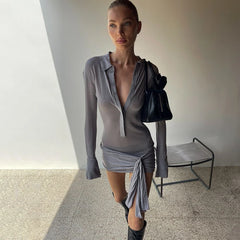 Lunivop Turn Down Collar Button Long Sleeve Bandage Mini Short Women'S Dresses Y2K Streetwear Casual Clothes Party Dress