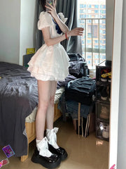 Lunivop Preppy Style Lolita White Dresses Navy Collar Kawaii Summer Japanese White Dresses Casual Short Sleeve Elegant Party Dress