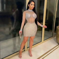Lunivop See Through Mesh Diamonds Bodycon Mini Party Dress Women Mock Neck Full Sleeve Hipster Night Clubwear Birthday Evening Gown