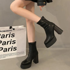 Lunivop Autumn Winter New Chunky High Heels Platform Ankle Boots Women Stretch Fabric Round Toe Back Zipper Female Sexy Short Boots