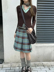 Lunivop Y2k Elegant Vintage Plaid Ruched Skirts Summer High Waist A-line Skirt for Women New Mid-length Loose Faldas Mujer