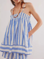 Lunivop Summer Fashion New Women's Elegant Short Clear Set Casual Splicing Striped Strap Top Shorts Sport Two Piece Set