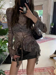 Lunivop Retro Print Slim Fit Long Sleeved T-shirt Top Drawstring Lace Up Slim Waist Blouses 2025 New Bottoming All-match Tee Shirt