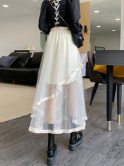 Lunivop Elegant Mesh Patchwork Women Tulle Skirt Fashion Korean A Line Cake Skirt Female Sweet Preppy Style Irregular Midi Skirt