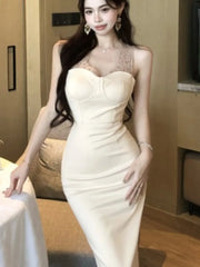 Lunivop Korean Lace Stitching Elegant Mid-length Party Dresses V-neck Hollow See Through Sexy Long Sleeve Dress Women Autumn New