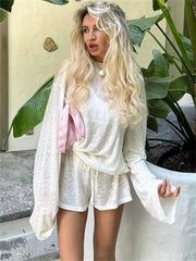 Lunivop Casual White 2 Piece-Set Shorts Women Long Sleeve Loose Lace-Up Solid Pullover Top And High Waist Spring Shorts Outfits