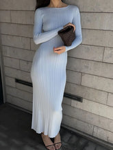 Lunivop Knitted Round Neck Ruched Women Maxi Dress Blue Long Sleeve High Waist Dress Femme Autumn Skinny Casual Party Streetwear