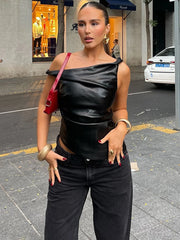 Lunivop Skew Collar Short Leather Top For Women Sleeveless Pleated Slim Pullovers Fashion Irregular High Street T shirt Hot Girl