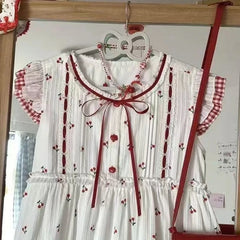 Lunivop Summer Kawaii Lolita Dress Women Sweet Cherry Print Lace Ruffles Patchwork Plaid Party Mini Dresses Female Cute Princess Dress