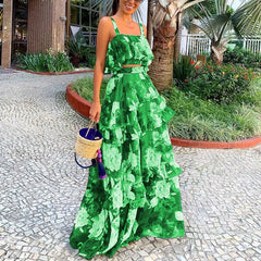 Lunivop 2 Piece Set Women Stylish Floral Elegant Printed Sleeveless Short Top+Loose High Waist Pleated Long Skirt Sets