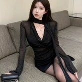 Lunivop Elegant Fashion Sexy V-neck Black T-shirts Y2k Slim Fit Long Sleeve Tee Shirt 2025 Summer New All-match Top for Women