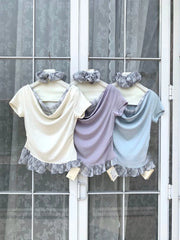 Lunivop T Shirts Women Plaid Patchwork Swinging Collar Off Shoulder Ruffles Short Sleeve Summer Fashion Sweet Tops Casual Tshirt