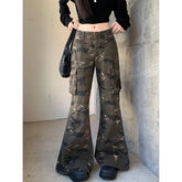 Lunivop Women American Vintage Low Rise Camouflage Bell Bottoms Y2k Japanese Streetwear Denim Pants Harajuku Long Trousers 2000s Jean