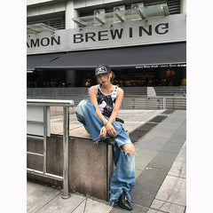 Lunivop Autumn Womens Jeans High Waist Baggy Casual Vintage Y2K 2000s Design Sense Straight Pants Street American Wide Leg Denim Trouse