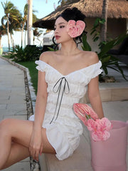 Lunivop Off Theshoulder Popcorn Sleeveelss Ruffles Short Dress 2024 Y2K Streetwear korean Summer Elegant Ladies Casual Clothes