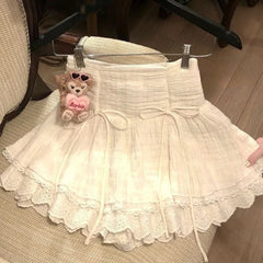 Lunivop Sweet Coquette Short Skirt Women Bow Kawaii Ruffle Mini Skirts Lace Patchwork White A-line Layered Skirt Aesthetics