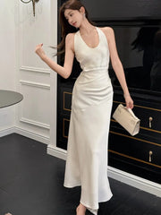 Lunivop Elegant Satin Solid Women's Dresses Sexy Halter V-neck Female Clothing Formal Occasion New Sleeveless Evening Party Long Dress