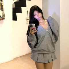 Lunivop Casual Hooded Pullover Top Women Y2K V-neck Hoodies Solid Harajuku Long Sleeve Hoodie Oversized Tops Female Loose Clothing