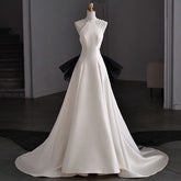 Lunivop Hanging Neck Beading Sleeve Design Sleeveless Wedding Party Robe Tailing Elegant Solid Evening Dress Slim Waist Bow Prom Dresses