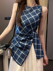 Lunivop Vintage Slit Plaid Tanks Women Casual O Neck Sleeveless Korean Retro Tanks Summer Simple Design Female Elegant Tops New