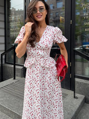 Lunivop Floral Ruffles Patchwork Maxi Dress Women Summer V-neck Puff Sleeve High Waist Fashion Robes Lady Elegant Prty Long Drsss 2025