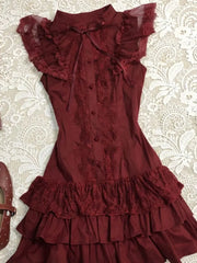 Lunivop Vintage Classic Lolita Burgundy Lace Stand Collar Flutter Sleeve Short Dress Elegant Waist Fit Harajuku Summer Streetwear Outfit