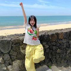 Lunivop T Shirts Women Sweet Cartoon Fruit Printed Short Sleeve O Neck Summer Fashion Loose Y2k Tops Female Casual Tshirt