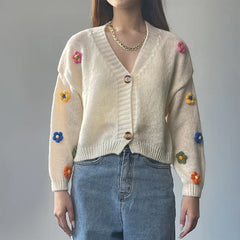 Lunivop Applique Flower Cardigan for Women Cute Floral Button-up Cropped Knitted Sweater Jacket Teen-girl Y2K Fairycore Outfit