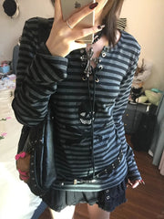 Lunivop Gothic Print T-shirt Women Lace Up Striped Tee Tops Y2k Vintage Grunge Tops Punk Style Streetwear Japanese 2000s Tops