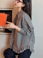Lunivop Vintage Black Plaid Shirt Women Loose Sweet Preppy Style Long Sleeve Blouse Fall Casual Retro Cute All Match Female Tops New